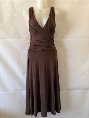 Y2K BCBGMAXAZRIA Brown Babydoll Midi Dress Sz S Ruched Waist A-Line Euro Summer